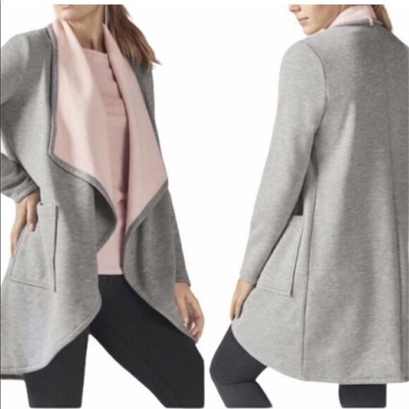 Fabletics Grey & Pink Open Front Fleece Cardigan Waterfall Collar Size Small - Picture 1 of 8